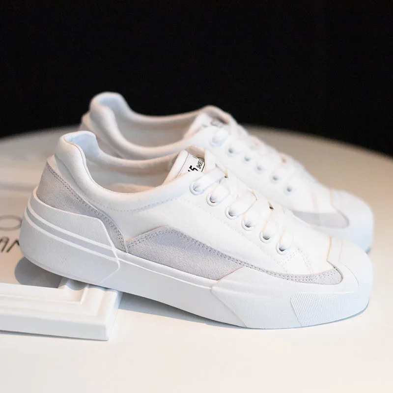 

Hot Sale White Shoes Canvas Vulcanize Womens Genuine Leather White Sneakers Flats Heel 2021 Spring New Female Casual Vulcanize