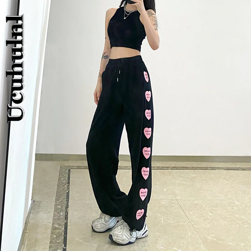 

Брюки спортивные женские, широкие, с завышенной талией, с принтом в виде сердца, 2021