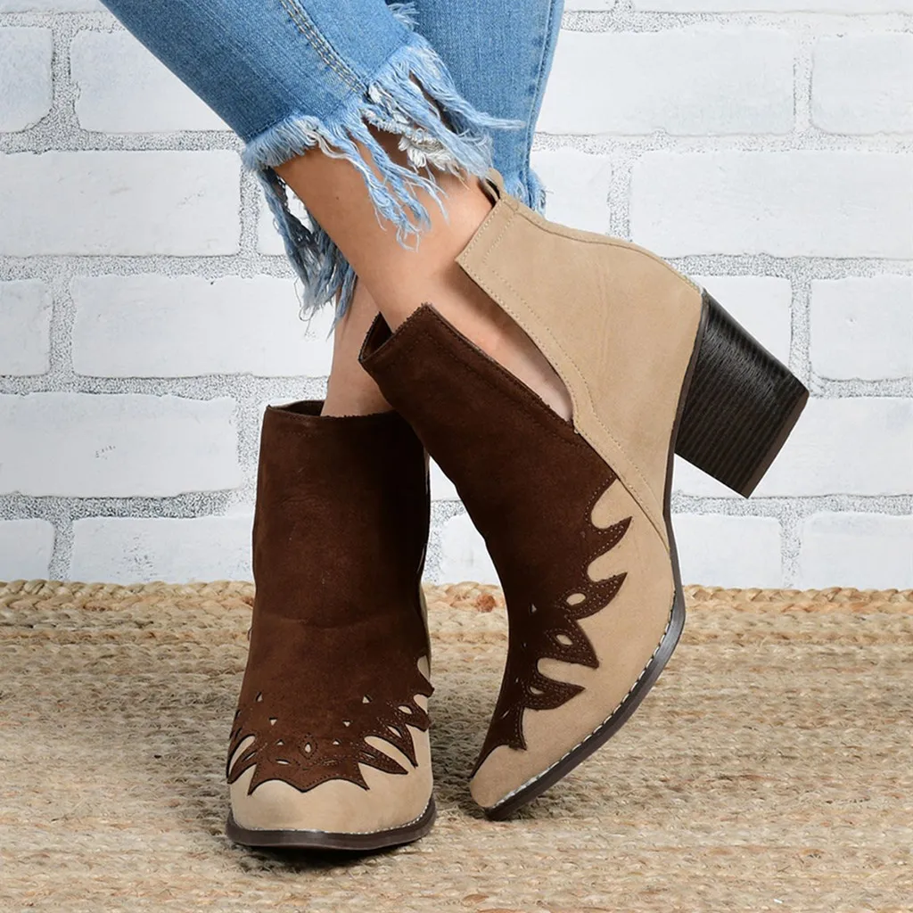Retro Women Ankle Boots Platform 2019 Winter Fashion Mixed Color Round Toe Slip-on Square Heels Vintage Boots#g4 | Обувь