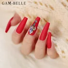 Гам-BELLE 24 шт матовый красный накладные ногти с Стразы полное покрытие накладные ногти длинные гроб Красота Съемная Пресс для ногтей, для нанесения с помощью клея
