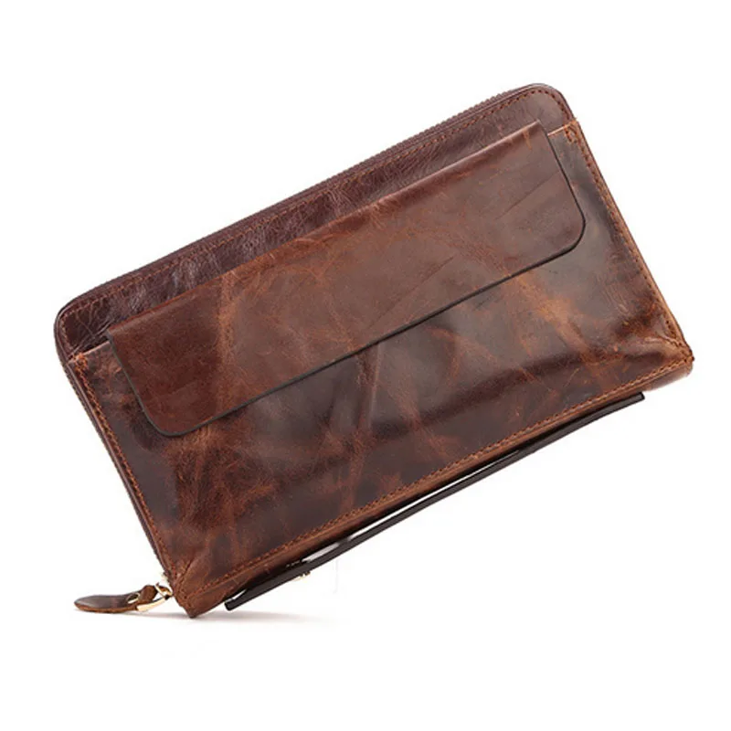

Men Genuine Leather Purse Vintage Designer Oil Wax Cowhide Clutch Money Bag Coin Pocket ID/Credit Card Luxury Long Wallet