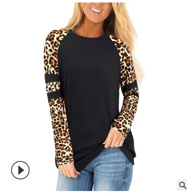 

Женская футболка с длинным рукавом, облегающая футболка с леопардовым принтом и круглым вырезом, в европейском и американском стиле, 2021