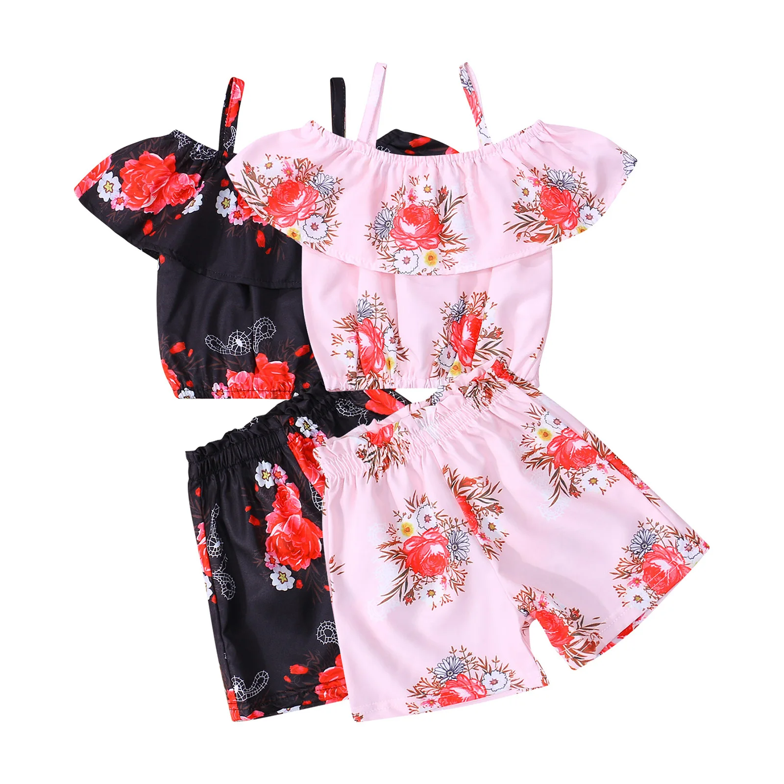 

Girl’s Short-sleeved and Shorts Set Fresh Flower Ruffles Boat Neck T-shirt and Elastic Short Pants,toddler kids/pullover shirt