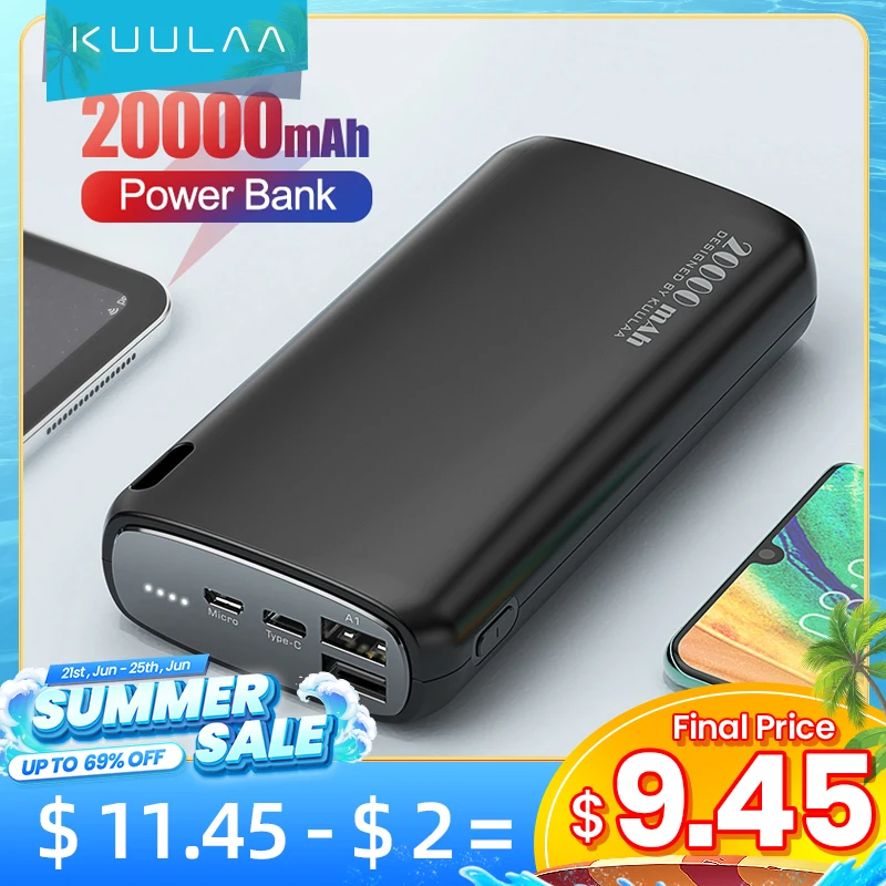 KUULAA Power Bank 20000mAh Portable Charging Poverbank Mobile Phone External Battery Charger Powerbank 20000 mAh for Xiaomi Mi
