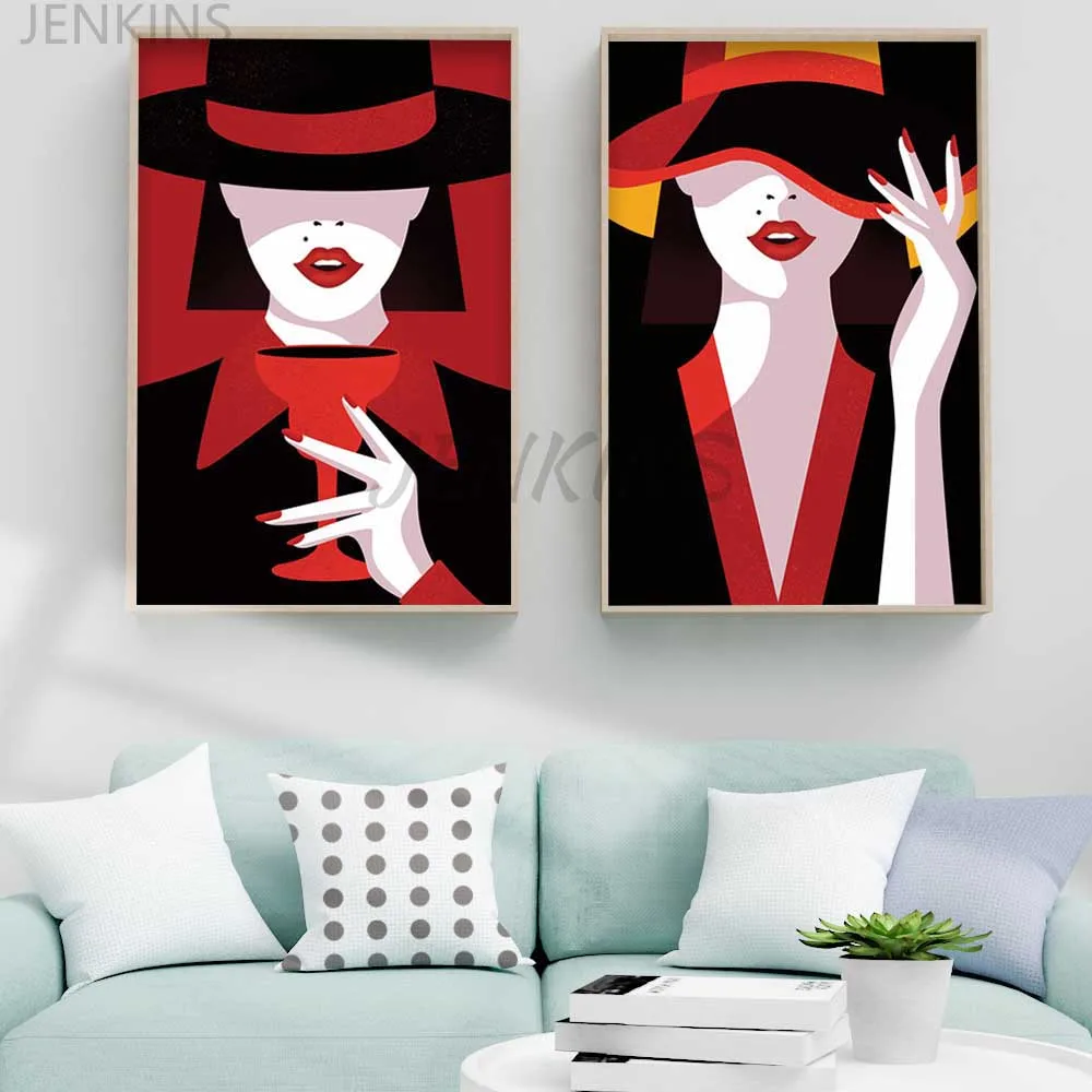 

Nordic figure canvas painting fashion model hat abstract art canvas painting living room corridor office home decoration mural