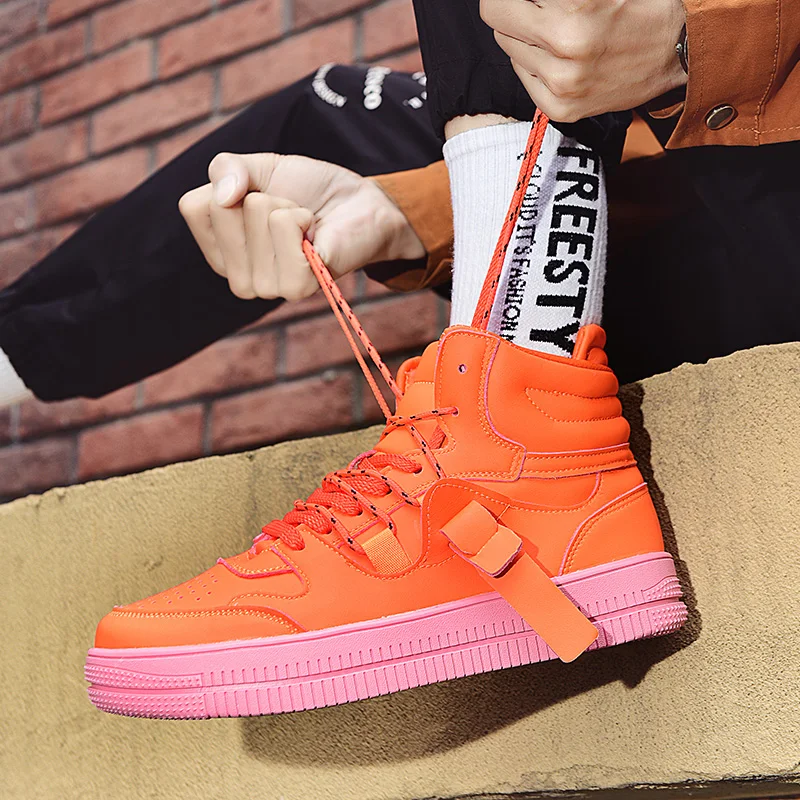 Microfiber Leather Skate Shoes Men Platform Sneakers Orange High-top Men's Skateboarding Shoes Casual Flat Designer Sneakers Men