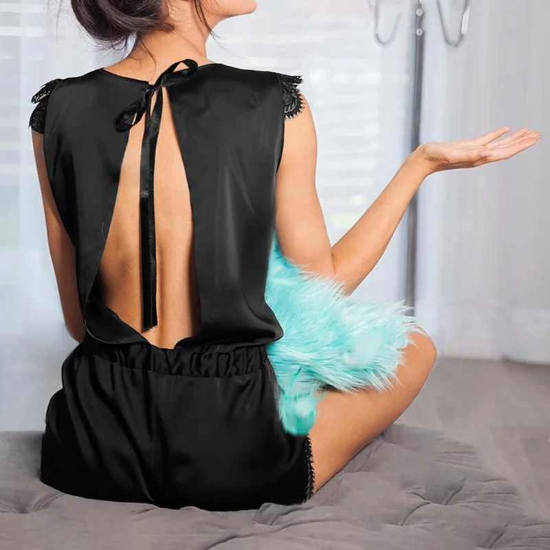 Пикантная кружевная Пижама Женский однотонный комбинезон сатиновая с открытой