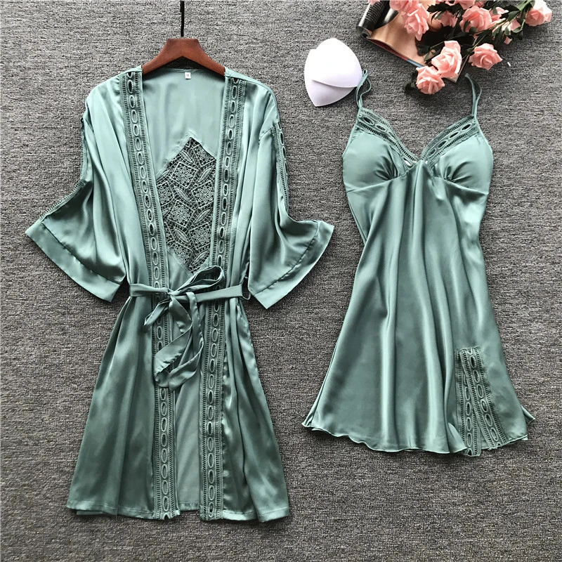 2020 Women Satin Sleepwear 2 Pieces Pyjamas Sexy Lace Pajamas Sleep Lounge Pijama Silk Night Home Clothing Pajama Suit | Женская одежда