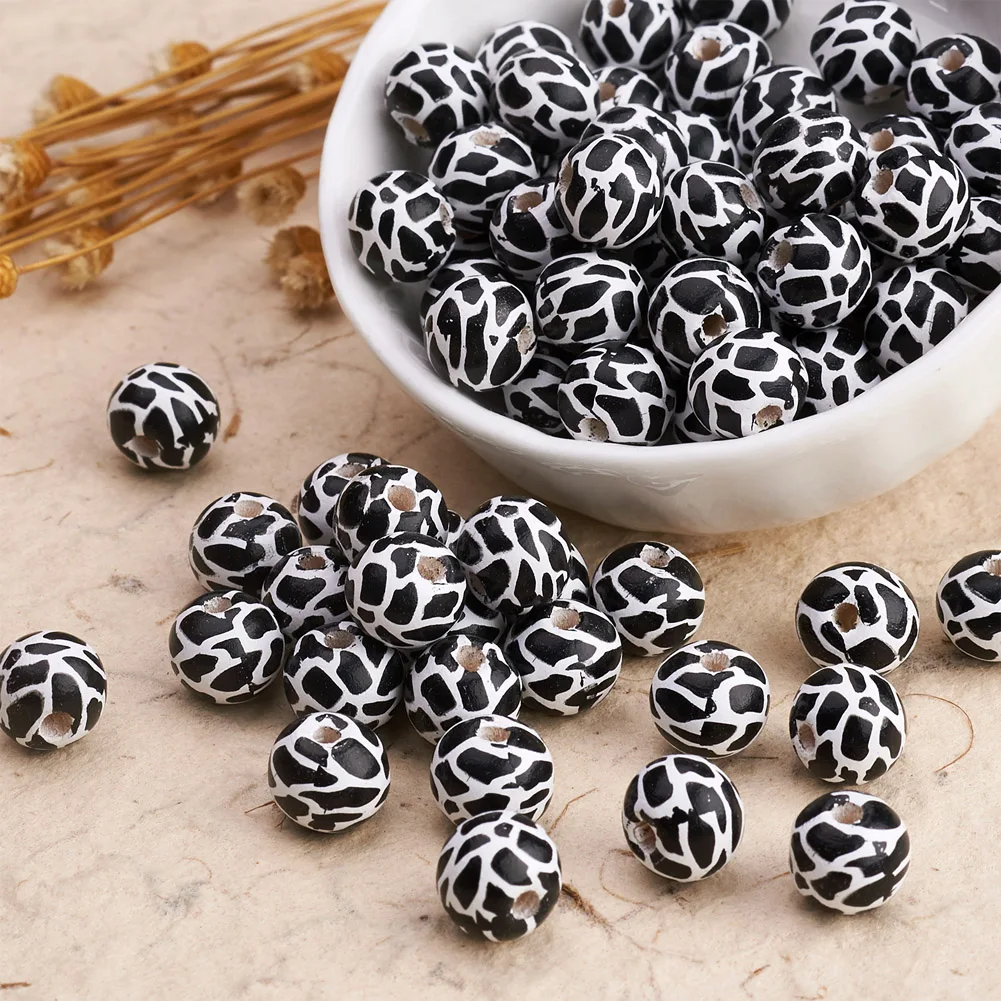 

1Box Printed Natural Wooden Beads Leopard/Cow Print Round Spacer Wood Beads for DIY Bracelet Necklace Jewelry Making Accessories