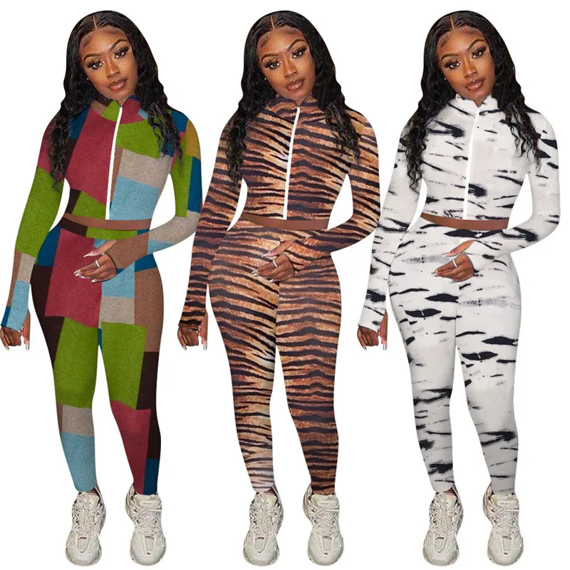 

Winter Fashion Women Sets Tracksuits Zipper Crop Top Skinny Pants Patchwork Color Suit Casual Sportswear Sweat Suit Streetwear