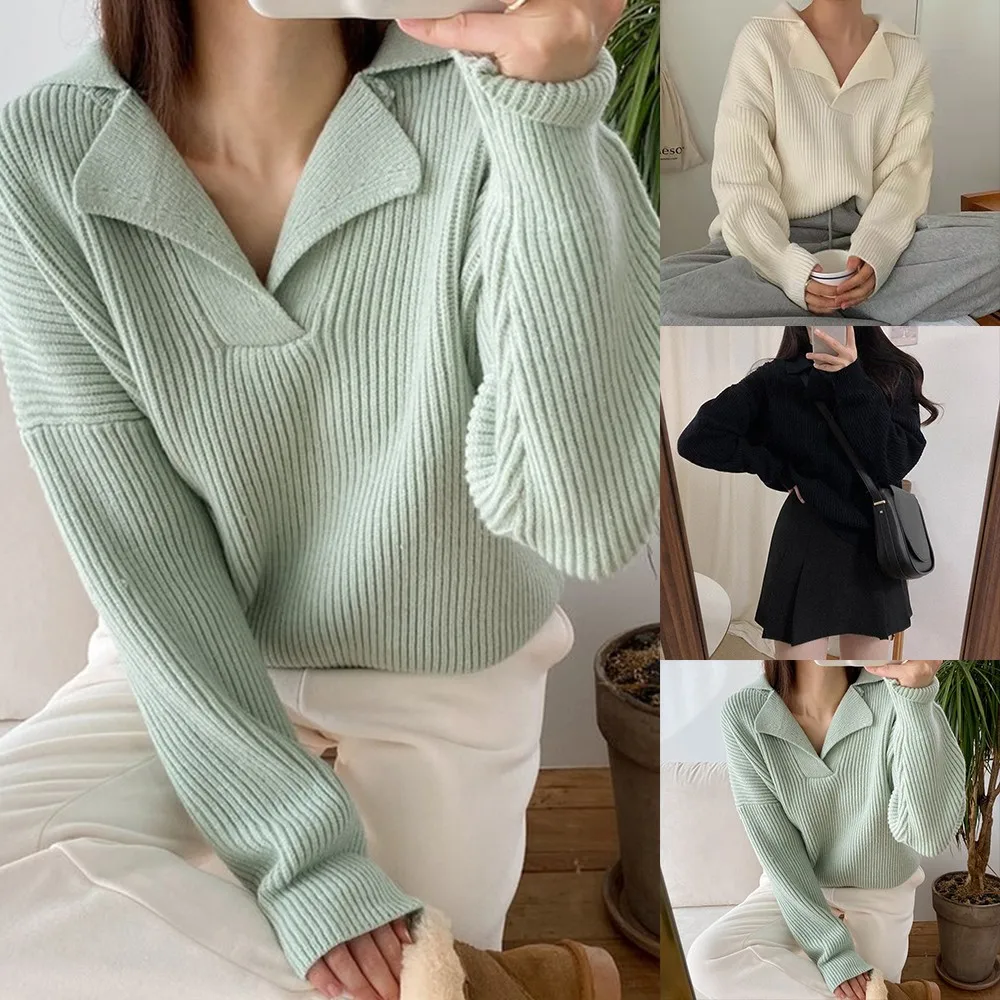 

Women Korean Sweet Lapel V Neck Sweater Loose Casual Soft Knit Pullover Long Sleeve Autumn Winter Office Lady Jumper Tops