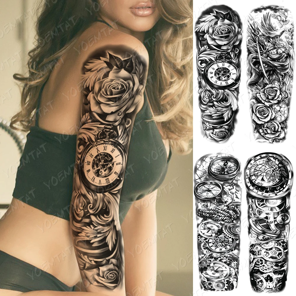 

Waterproof Temporary Full Arm Tattoo Sticker Clock Compass Gear Angel Rose Flower Flash Tattoos Woman Body Art Fake Tatto Male