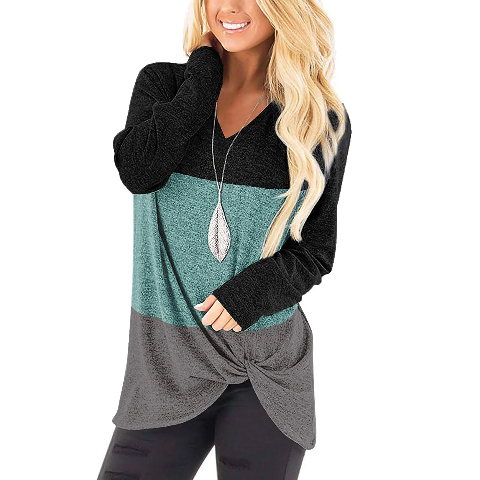 

Женский модный цветной топ с V-образным вырезом и длинным рукавом