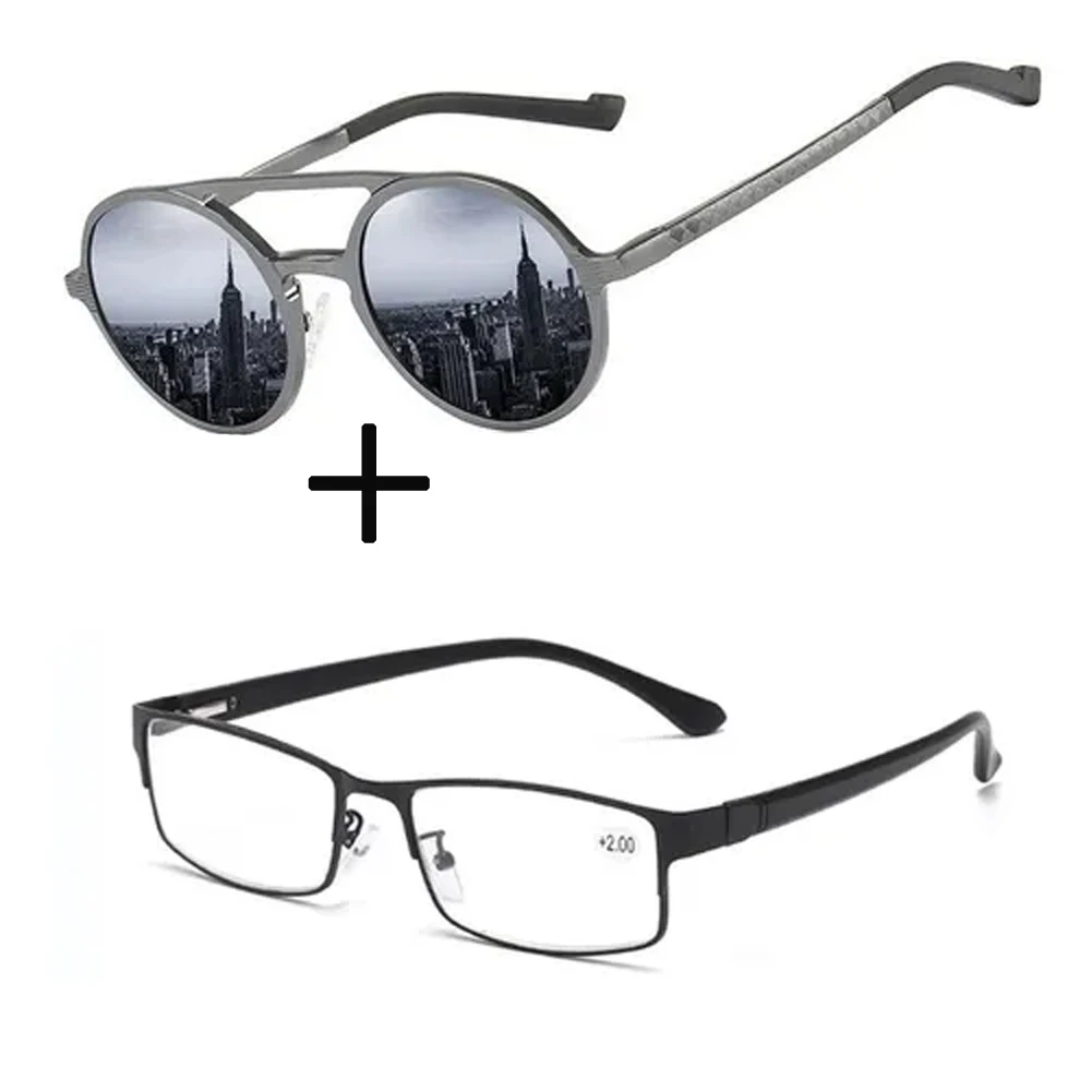 

2Pcs!!! Alloy High Quality Ultralight Bussiness Style Reading Glasses and Double Bridge Round Sunglasses Men Women Sun Glasses