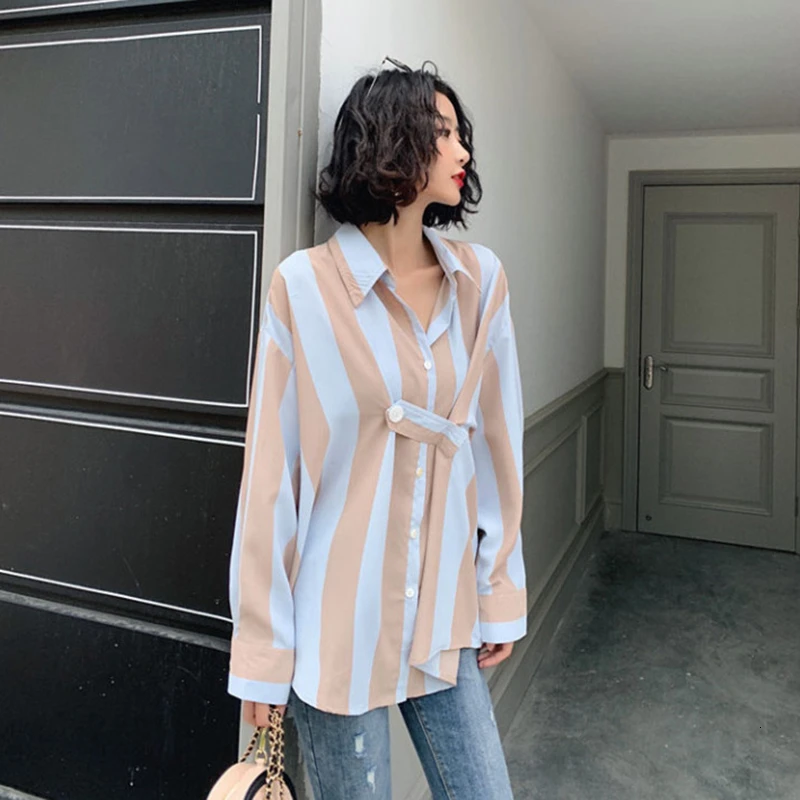 GALCAUR Korean Striped Hit Color Women's Shirt Lapel Collar Long Sleeve Large Size Loose Female Blouses 2020 Autumn Fashion New |