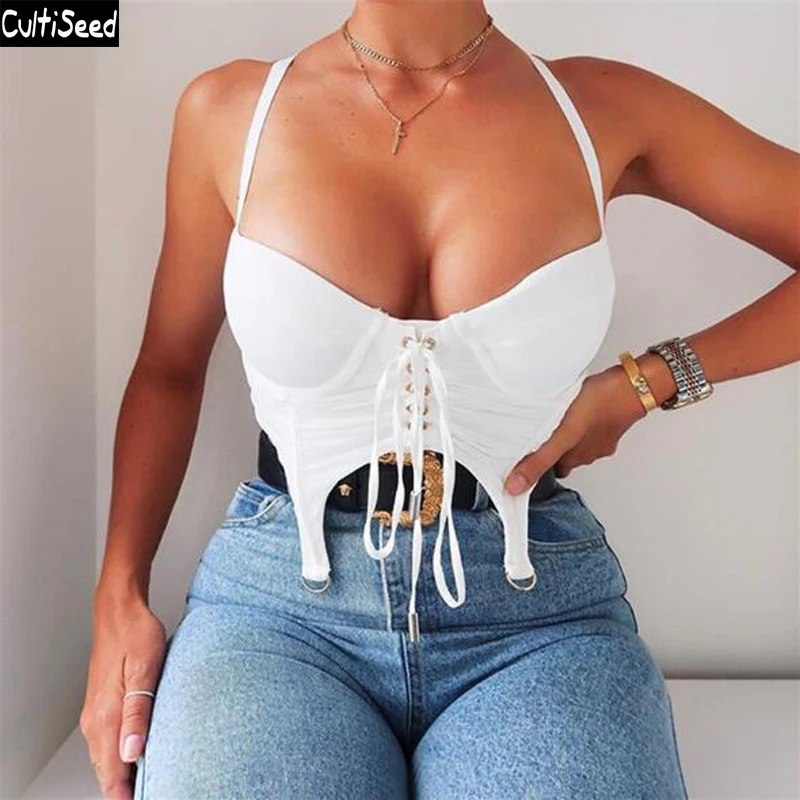 

Cultiseed Women Sexy Strapless Lacing up Bandage Mesh Party Camis Tops Female New Backless Spaghetti Strap Short Vest Tank Top