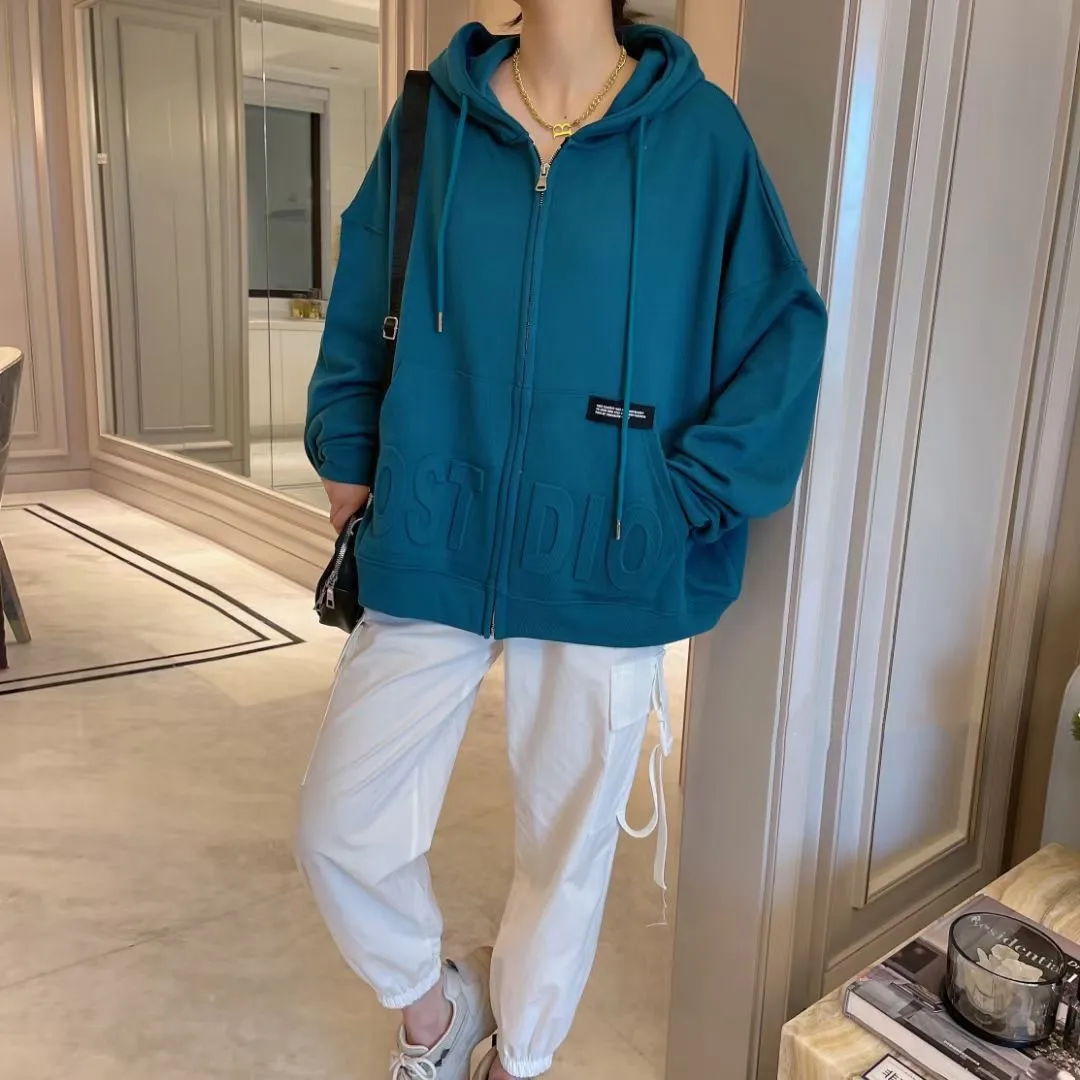 

Autumn Women Casual Zip Up Jacket Coat Oversized 2021 Fashion Simple Full Zipper Cotton Hoodie Sweatshirt Large Size
