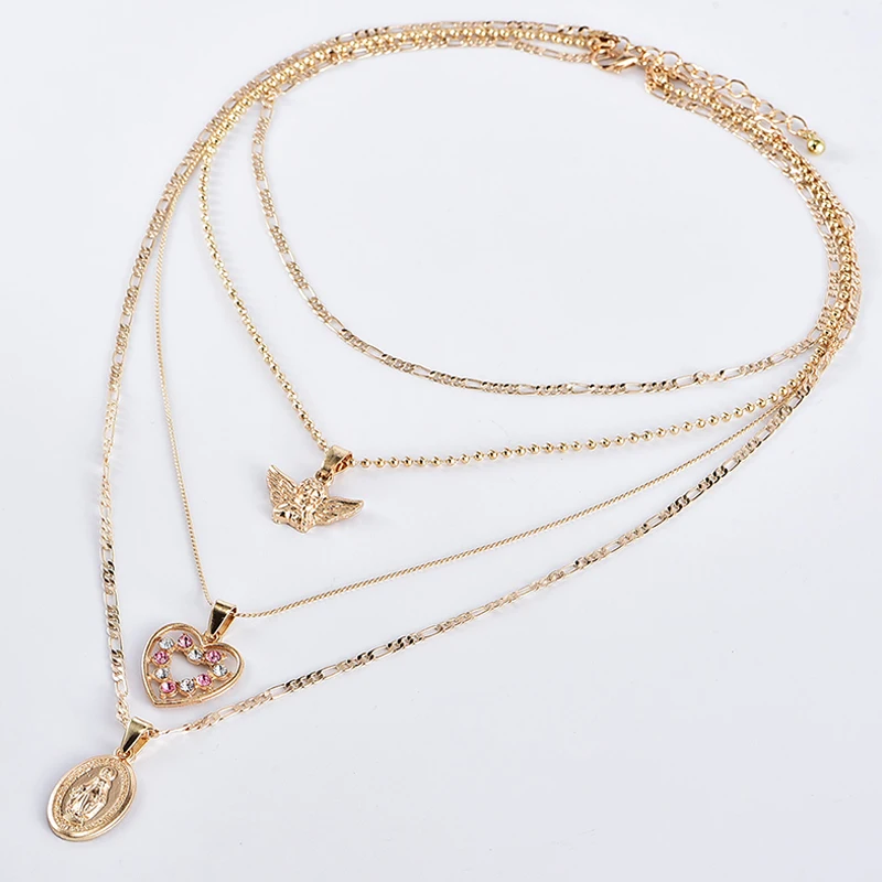 Модное ожерелье s Boho Ретро кристаллы в форме сердца медальон Дева Мария Крылья ангела золотое ожерелье женские очаровательные ювелирные аксессуары