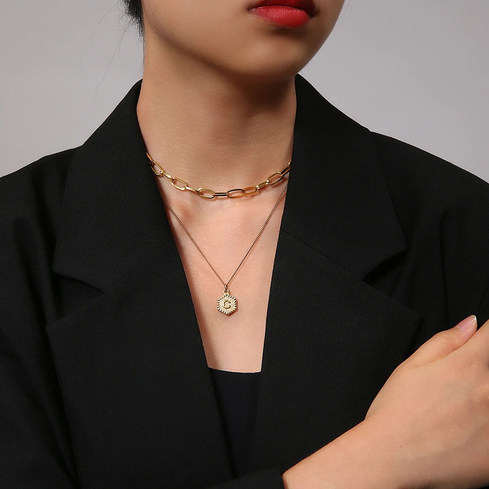 

FANSHIDI A-Z Multi-layer Initial Letter Choker For Women Hexagon Letter Pendant Necklce Stainless Steel Chain