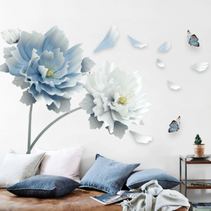 Съемные настенные 3D наклейки большие белые синие цветы Бабочка лотос Настенные