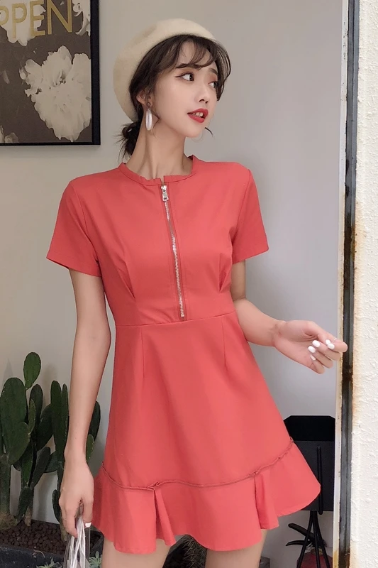 

Super Fashionable Summer Women Dresses Zipper Short Sleeve Dress Slimming Waist Temperament Elegant Red Party Dress For Women