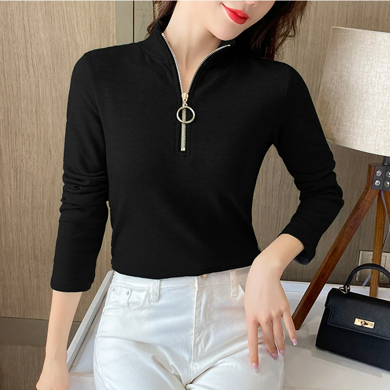 

Casual Women T-Shirt Long Sleeve Korean Basic Cotton Tshirt Top Womens Clothing Autumn Winter Zipper Turtleneck T Shirt Femme
