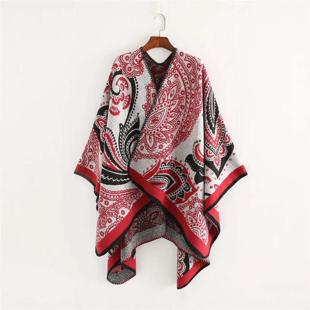 

New ladies scarf autumn and winter fashion color matching big cashew imitation cashmere split shawl cloak dual-use warm scarf