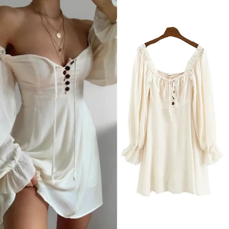 Женский винтажный мини сарафан на пуговицах платье с рукавами фонариками рюшами