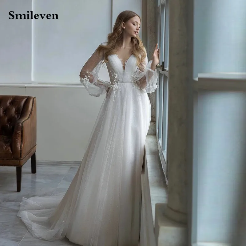 

Smileven Puff Sleeve Wedding Dress Shiny Glitter Tulle 3D Lace Bridal Gowns Appliqued Lace Vestido De Noiva Lorie Wedding Gowns