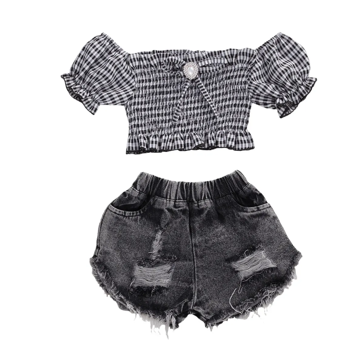 Conjunto de ropa a la moda para ni&ntilde;os y ni&ntilde;as, camisetas de manga corta con estampado a cuadros, Tops, pantalones cortos Vaqueros, 2 uds., verano de 2-9 a&ntilde;os-0