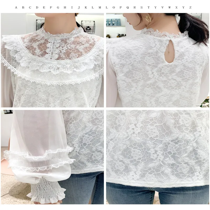 

High Quality Women Lace Blouse Spring Long Lantern Sleeve Short Shirt Female Hollow Out 2020 Stand-Collar Basic Tops Lady H459