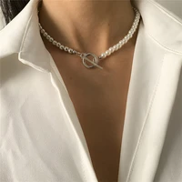 elegant temperament two color stitching imitation pearl ladies necklace exquisite simple ot buckle clavicle chain ladies jewelry