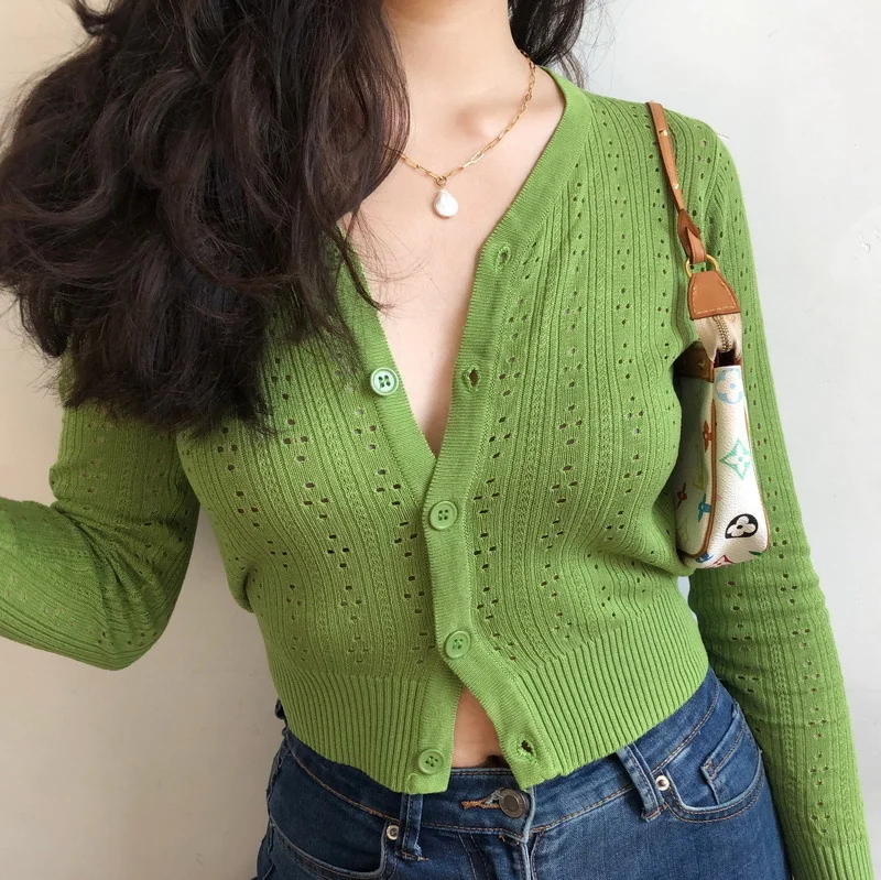 

Женский Укороченный кардиган JCHB на пуговицах, вязаный кардиган с открытым стежком