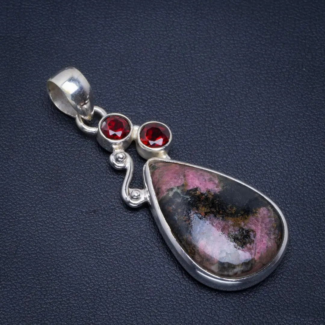 Натуральный Родонит и гранат ручной работы уникальный 925 пробы серебряный кулон 2