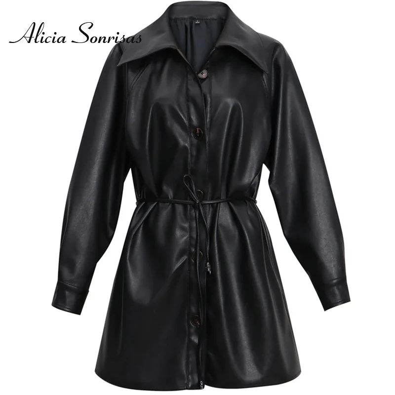 

2020 Autumn Long Black Faux Leather Jacket Women Slim PU Leather Trench Coat Windbreaker Motorcycle Jacket Streetwear Biker Top