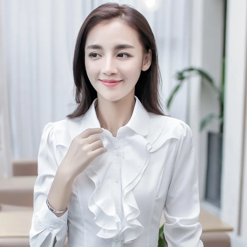 

Spring Autumn 2020 Women White Shirt Long Sleeve Shirts Korean Ruffles Office Lady Shirt Slim Chiffon Blouse Elegant Ladies Tops