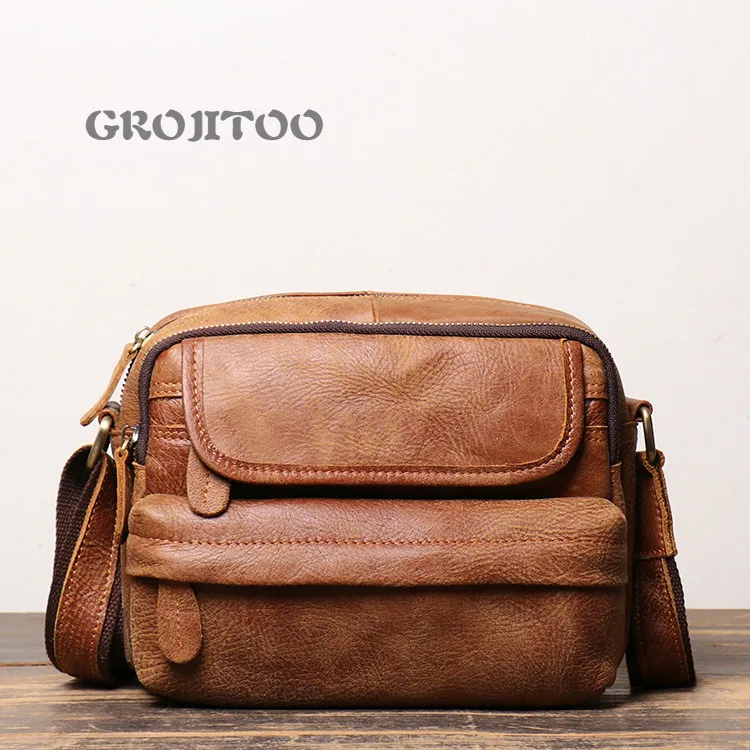 GROJITOO New men's leather shoulder bag, men's frosted Leather Messenger Bag, large capacity small square bag for man