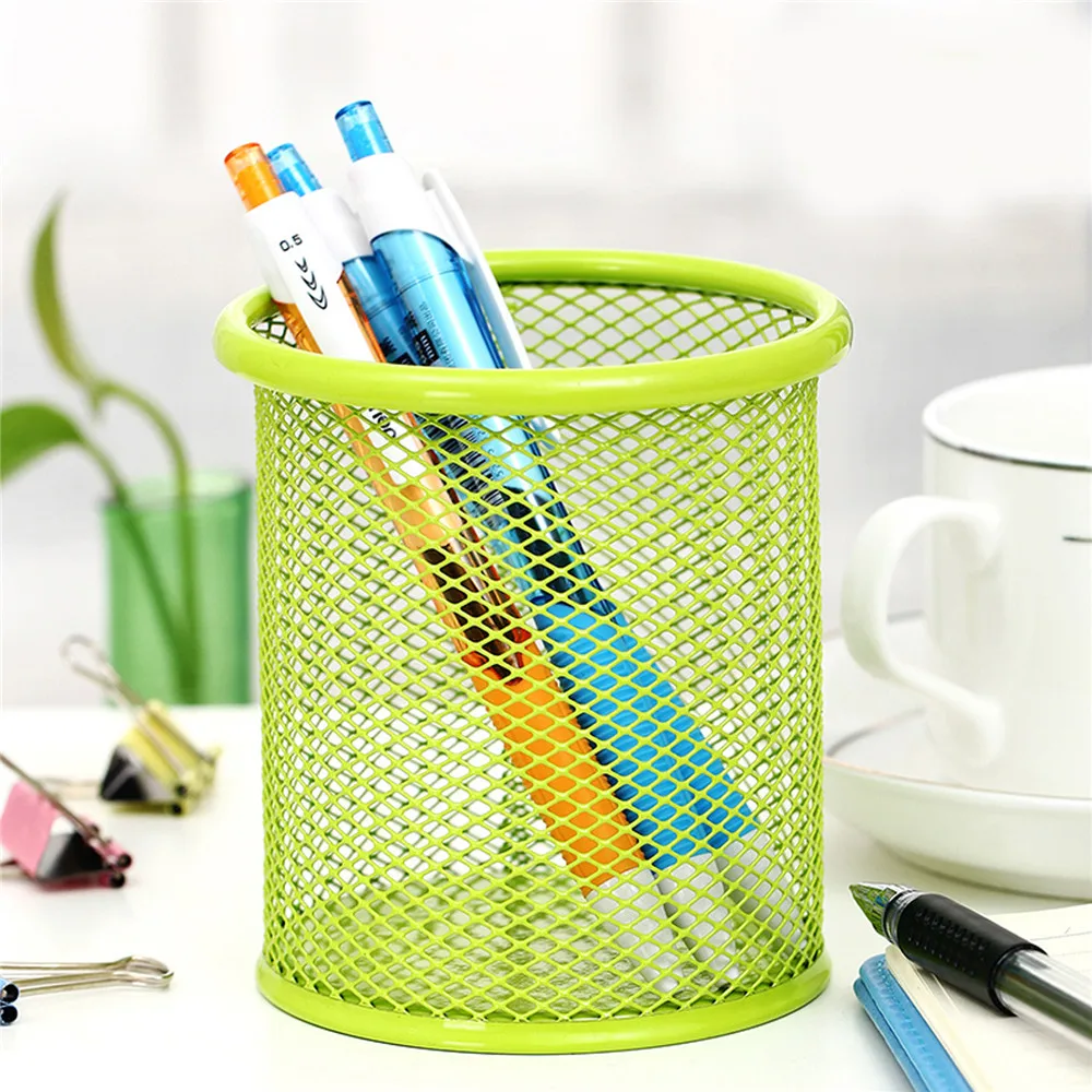 

Saim 2 pcs Large Capacity Desk Pen Holder Pencil Boxes Metal Round Net Makeup Storage Organizer Home School Office Stationery