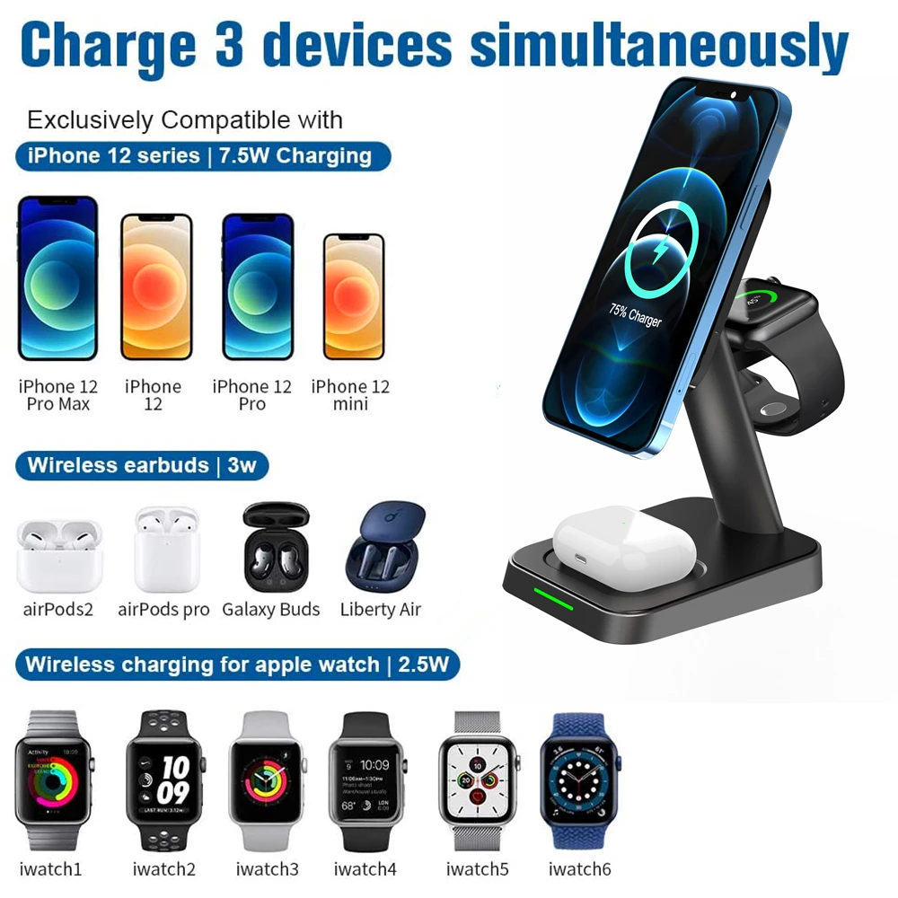 3 in 1 magnetic wireless charger stand for magsafe 15w fast charging station for iphone 13 12 pro apple watch 6 5 4 airpods pro free global shipping