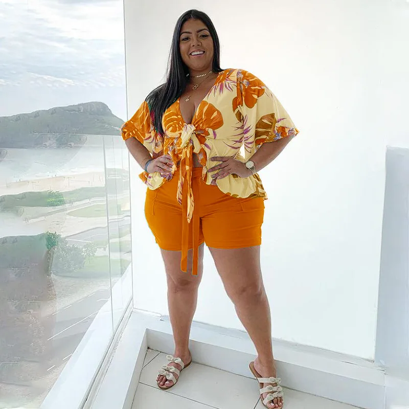 

Women Summer Two Piece Set 2021 Loose Blouse and Shorts Set Loungewear Casual Sweat Suits Plus Size Wholesale Dropshipping
