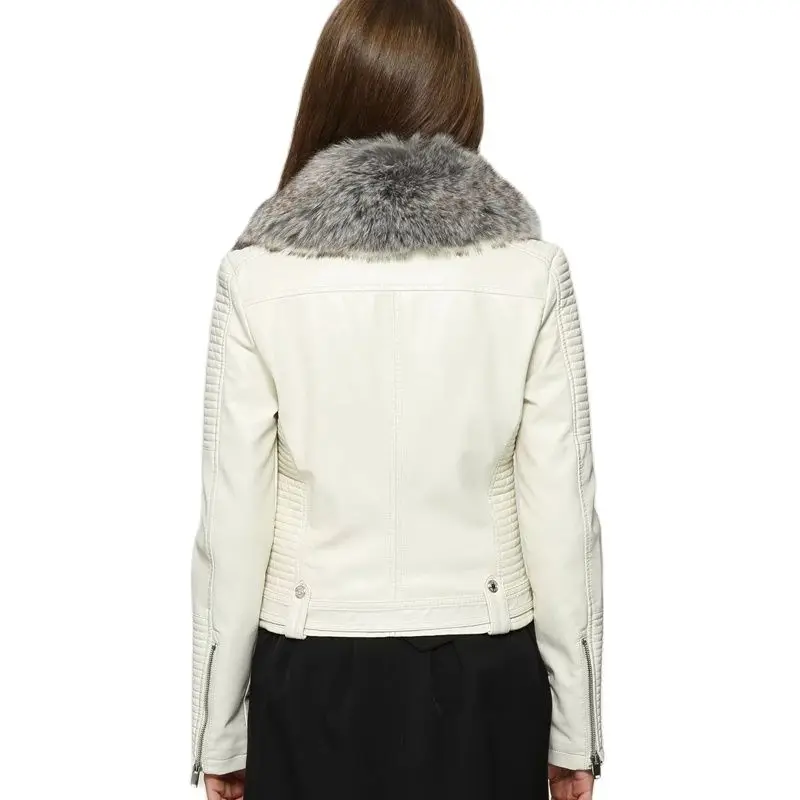 

TMODA281 2021 Hot Women Winter Warm Faux Leather Jackets with Fur Collar Lady White Pink Motorcycle & Biker Outerwear Coats