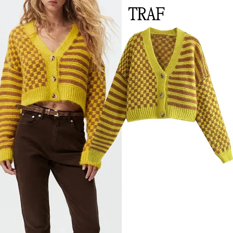 

TRAF Women Knitted Cardigan Sweaters Fashion Stitching Long Sleeve Buttons Jacquard Cardigans For Women 2021 Female Jacket
