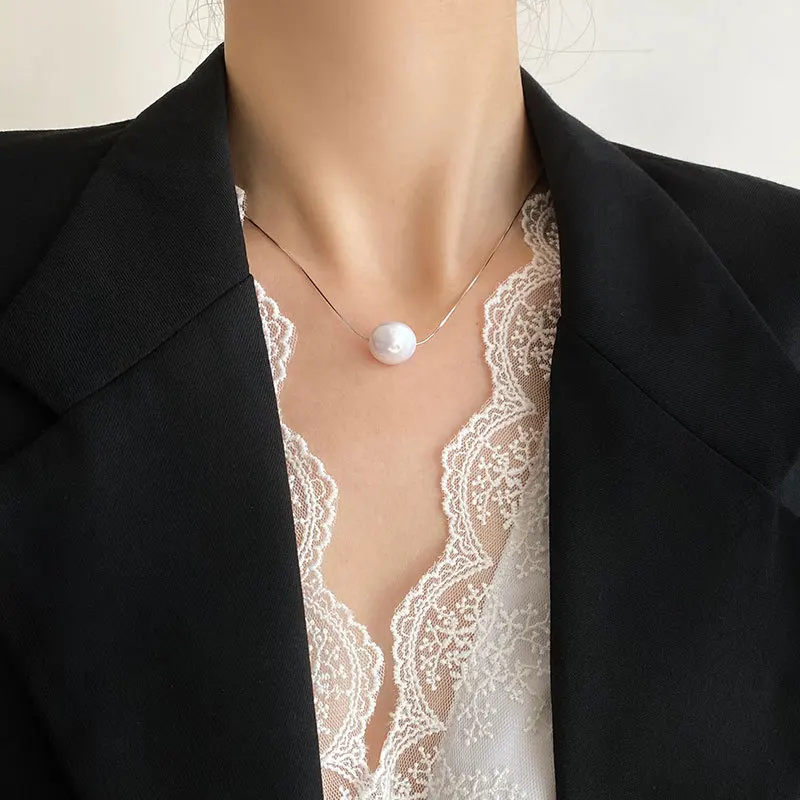 

100% 925 Sterling Silver Snake Chain Choker Necklace For Women, Simple Irregular Round Pearl Pendant Necklaces Neck Jewelry