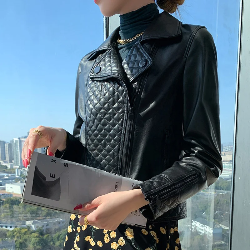 

SHZQ Новое поступление 2021 Весенняя женская короткая длинная импортная куртка из натуральной кожи локомотивная Модель со стразами