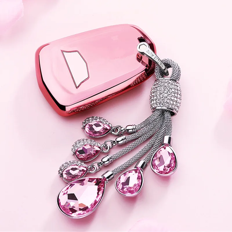 

Full-Protective TPU Soft Folding Key Case Shell Key Holder Key Covers For Cadillac XT5 ATSL CT6 CTS Artificial Crystal Pendant