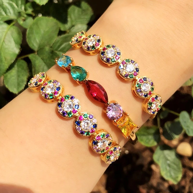 

Luxury round Rainbow Bracelet Full pave colorful Cubic Zircon Gold Color Adjustable Charm chain Bracelets Bangles Women Jewelry
