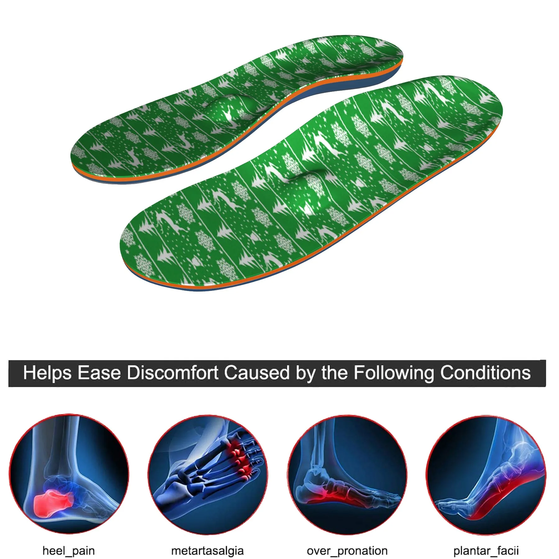 Christmas Classic green Insole Fashion Plantar Fasciitis Arch Support Orthopedic Insole Flat Foot Pain Heel Spur Correction