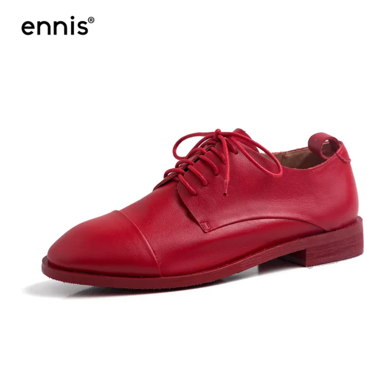 Red ENNIS/ г. Модная женская повседневная обувь из натуральной кожи осенние туфли-оксфорды на плоской подошве с круглым носком на шнуровке желтого, бежевого, красного, черного цвета C9115 - Цвет: Red