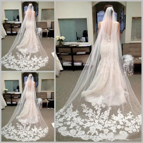 

Long Veils Bridal Hair Chapel Lace Applique edge Tulle Wedding Bridal Veils New 2022