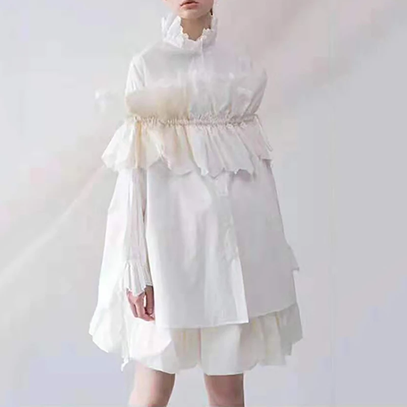 

New Fashion White 2020 Spring Stand Collar Butterfly Long Sleeve Shirts Lady Single Breasted Belt Vintage Loose Blouse Shirt